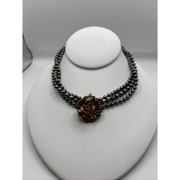 Vintage Eugene Triple Strand Faux Bk Pearl Necklace w/ Rhinestone Flower Pendant - Picture 1 of 10